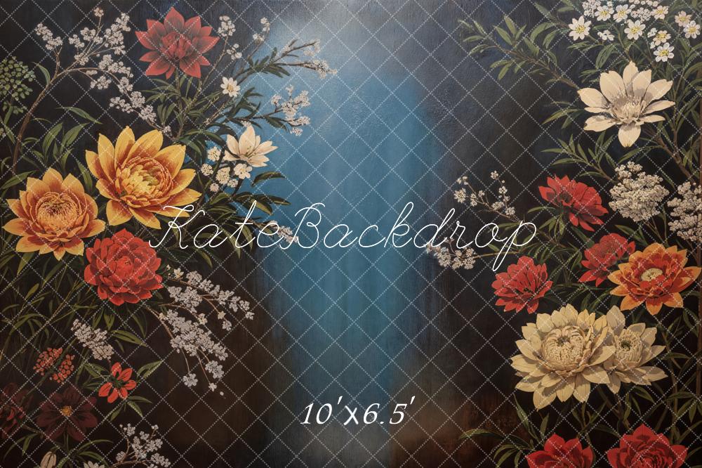 Kate Fine Art Retro Colorful Blooming Flower Dark Blue Backdrop Designed by GQ