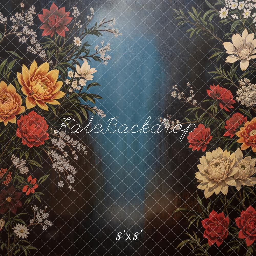 Kate Fine Art Retro Colorful Blooming Flower Dark Blue Backdrop Designed by GQ