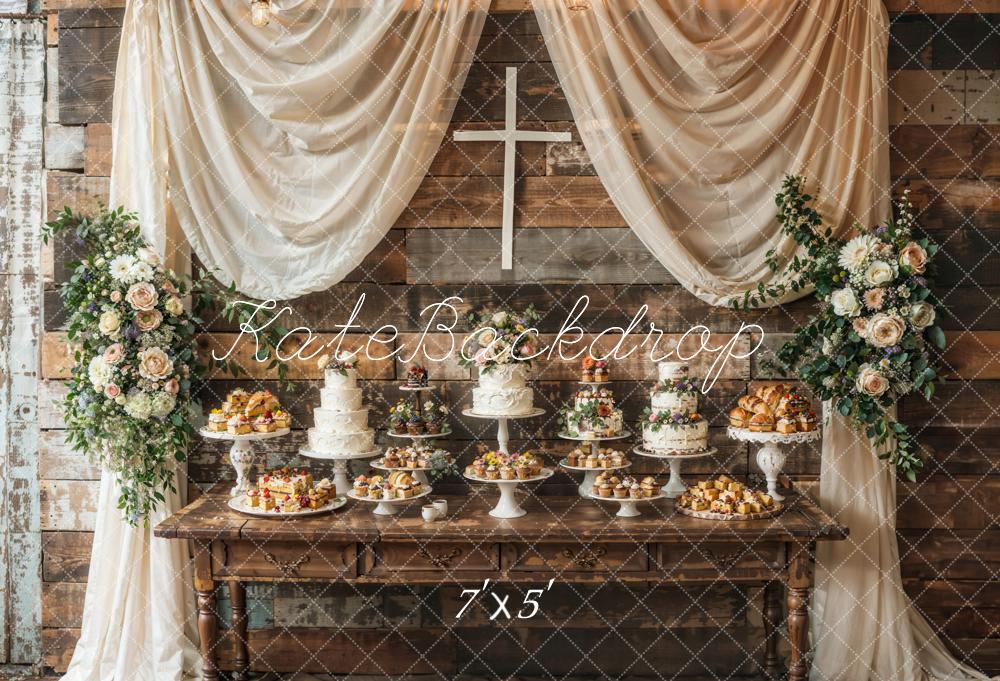 Kate Easter Cross Colorful Flower White Curtain Cake Brown Wooden Table Striped Wall Backdrop Designed by Emetselch