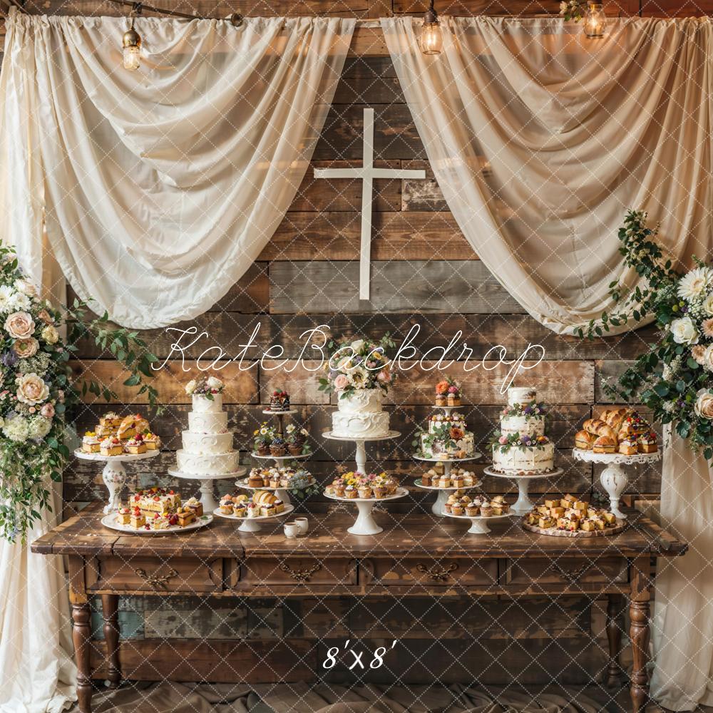 Kate Easter Cross Colorful Flower White Curtain Cake Brown Wooden Table Striped Wall Backdrop Designed by Emetselch