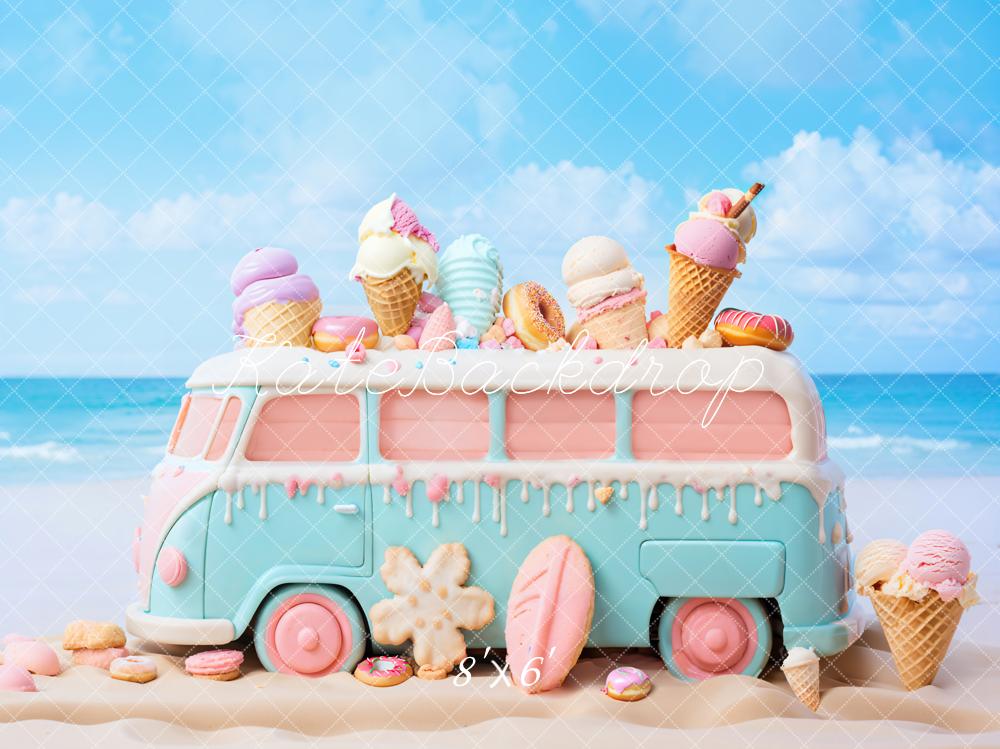 Verano en la playa de verano de dibujos animados rosa y azul con diseño de fondo de coche de juguete de helado fotografiado por Chain Photography