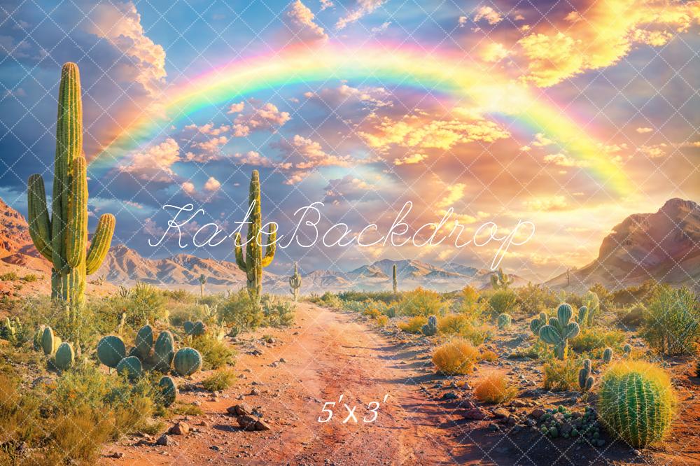 Kate Fantasy Bokeh Desert Cactus Rainbow Mountain Cloud Sandy Road Backdrop Designed by Emetselch