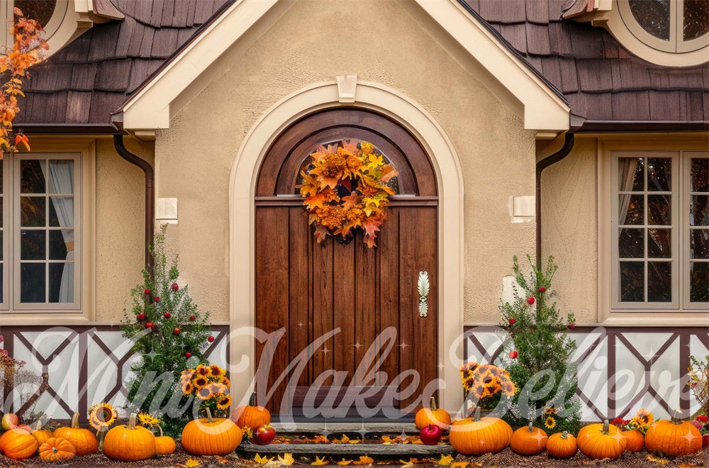 Kate Autumn Green Plant Sunflower Pumpkin Fallen Leaves Dark Brown Arch Wooden Door Cottage Backdrop Designed by Mini MakeBelieve