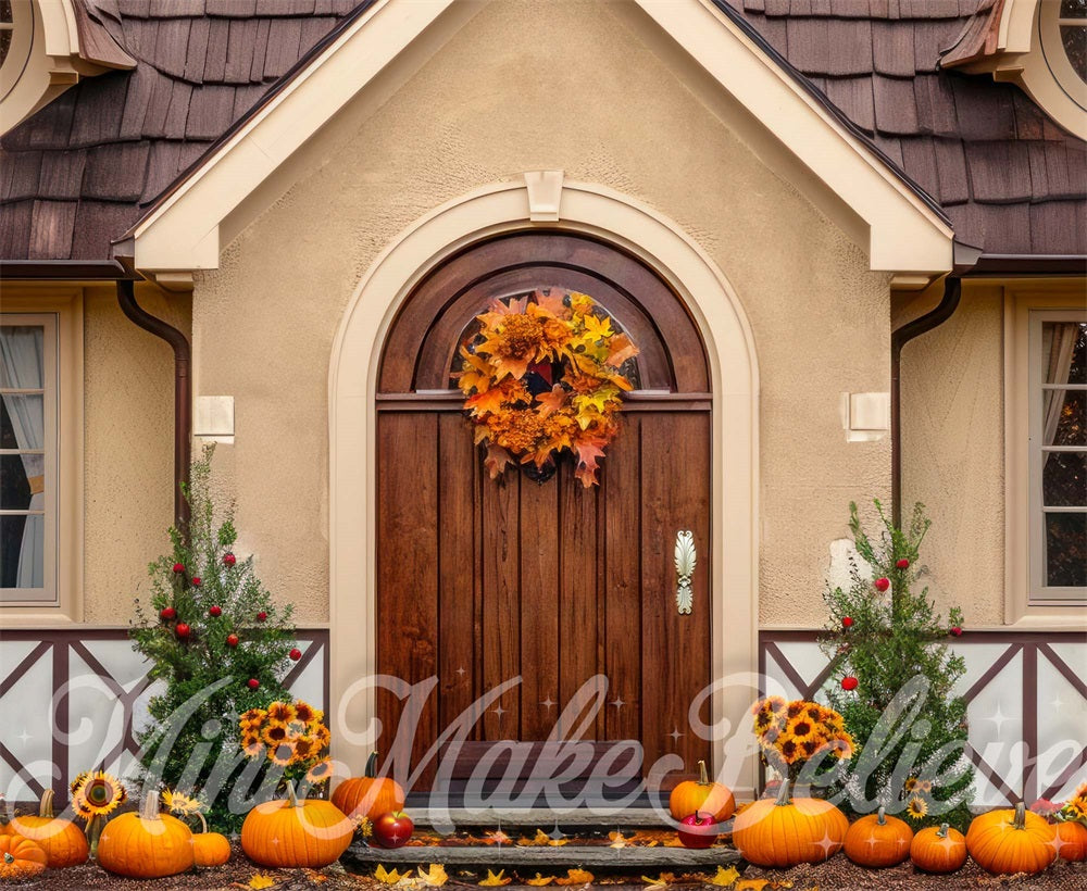 Kate Autumn Green Plant Sunflower Pumpkin Fallen Leaves Dark Brown Arch Wooden Door Cottage Backdrop Designed by Mini MakeBelieve
