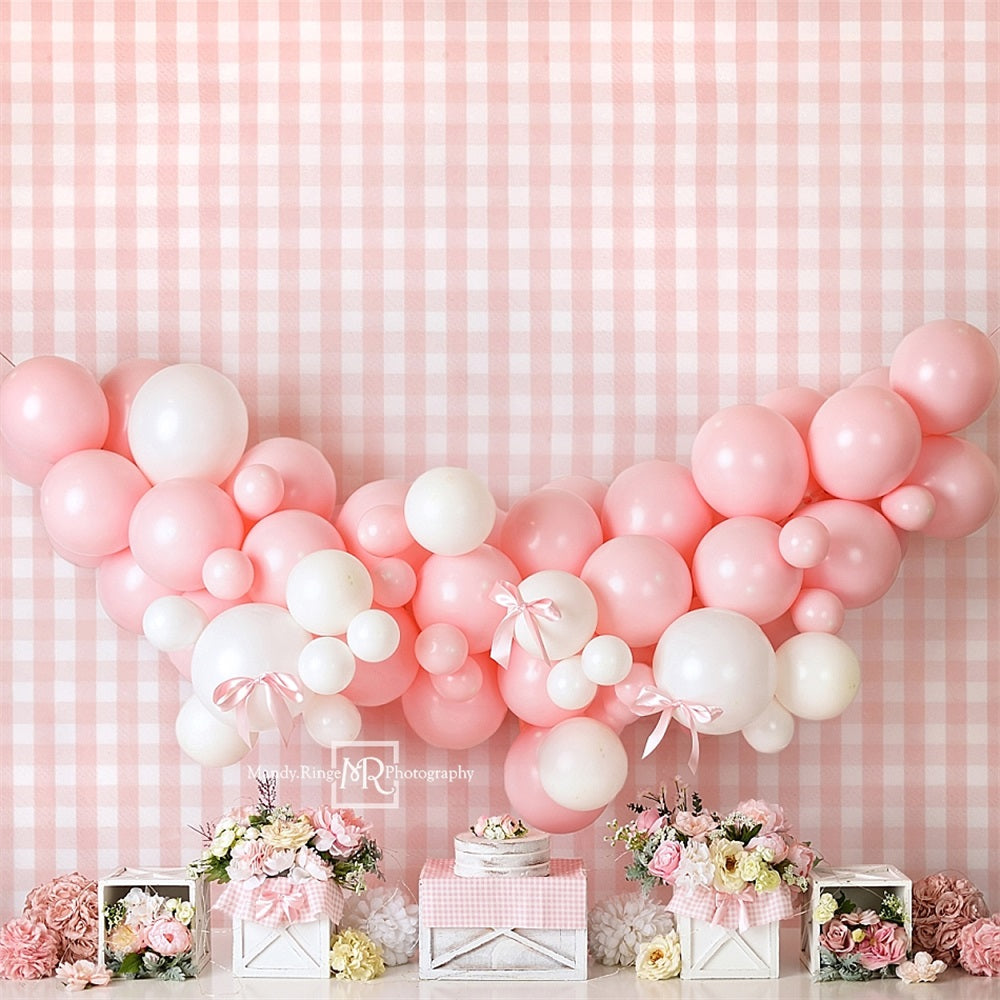 Dolce arte floreale rosa e bianca con fiocco a palloncino plaid sfondo per parete progettato da Mandy Ringe Photography