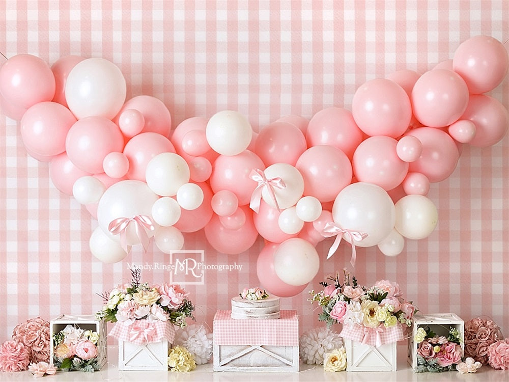 Dolce arte floreale rosa e bianca con fiocco a palloncino plaid sfondo per parete progettato da Mandy Ringe Photography