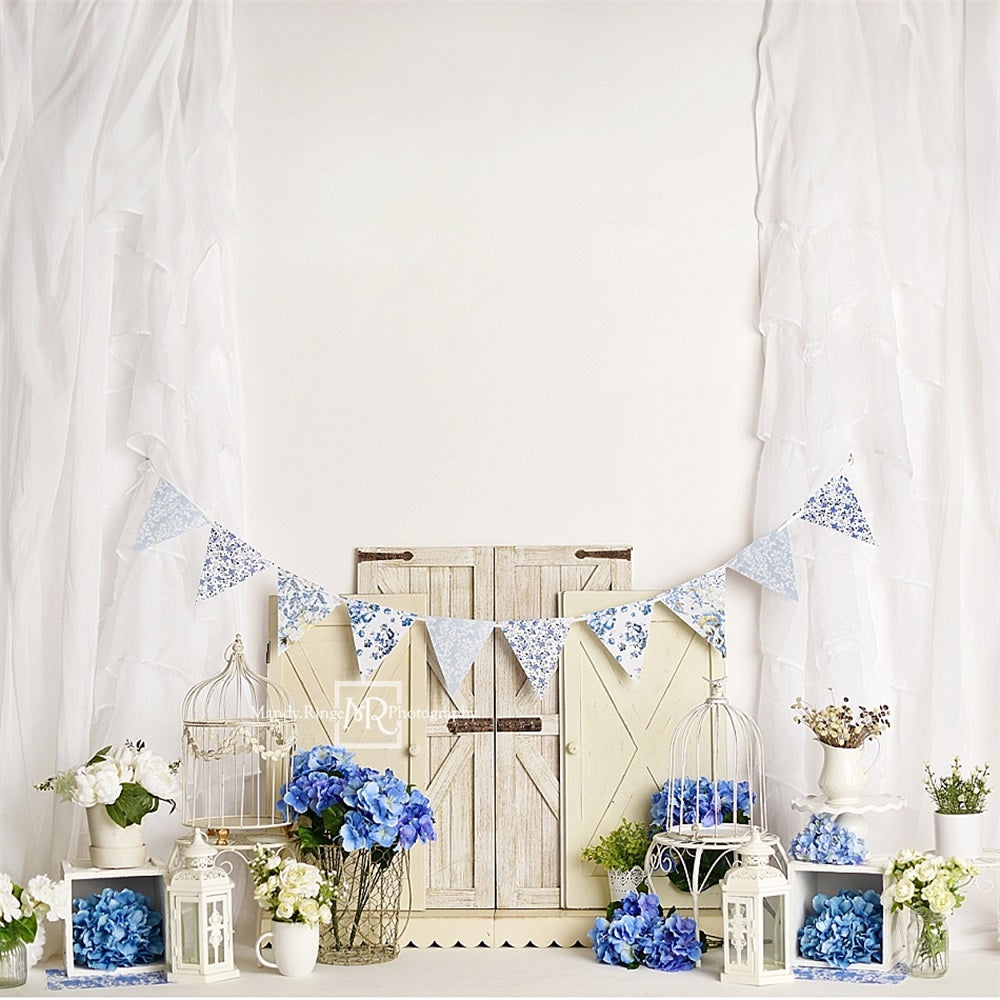 Kate Spring Fine Art Blue Flower Light Brown Barn Door White Curtain Wall Backdrop Designed by Mandy Ringe Photography