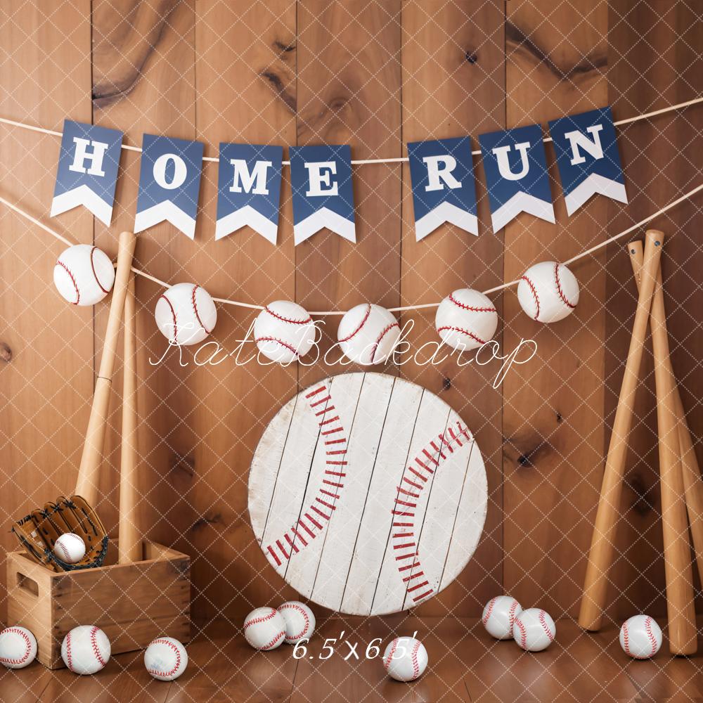 Kate Baseball Sport Home Run Sign Brown Wooden Striped Wall Backdrop Designed by Emetselch