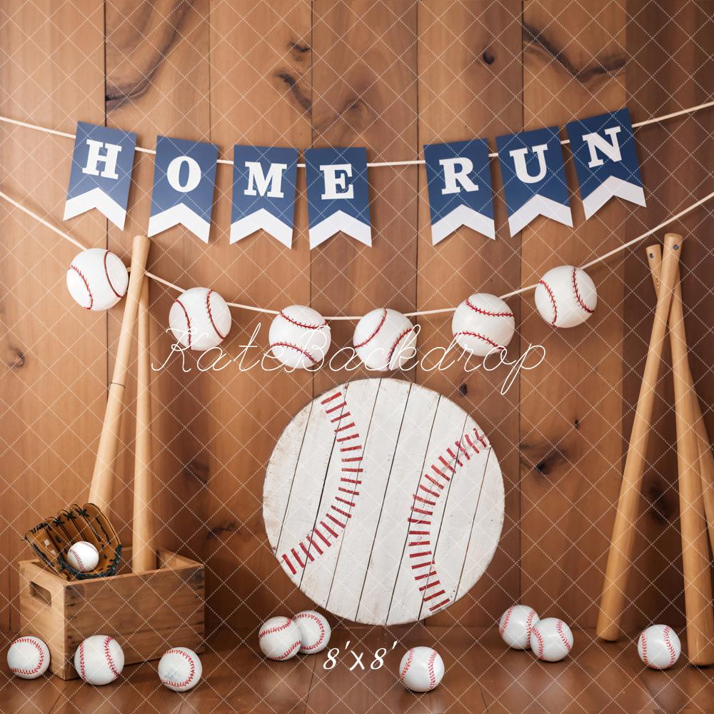 Kate Baseball Sport Home Run Sign Brown Wooden Striped Wall Backdrop Designed by Emetselch
