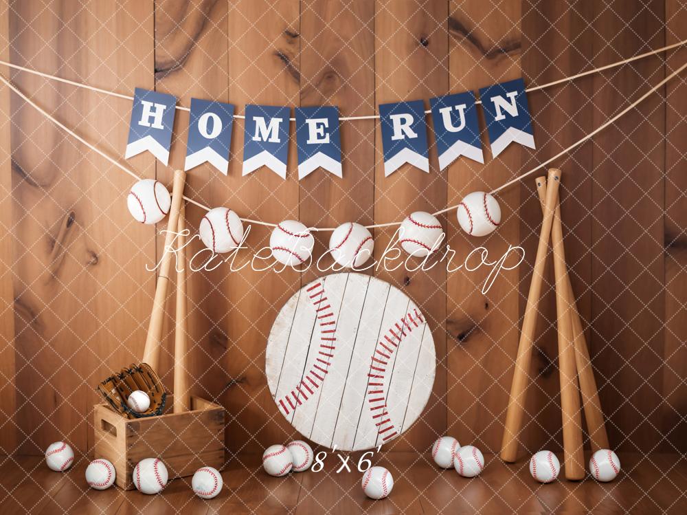 Kate Baseball Sport Home Run Sign Brown Wooden Striped Wall Backdrop Designed by Emetselch