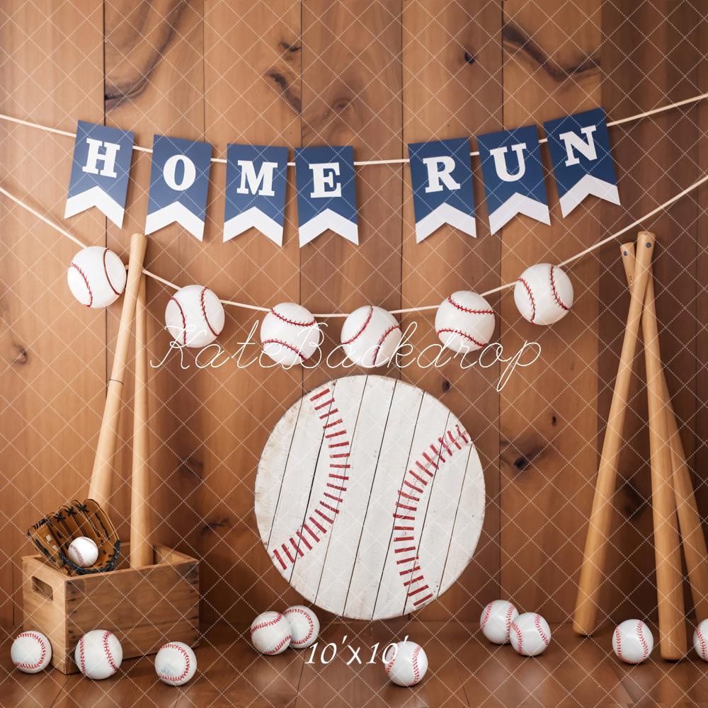 Kate Baseball Sport Home Run Sign Brown Wooden Striped Wall Backdrop Designed by Emetselch