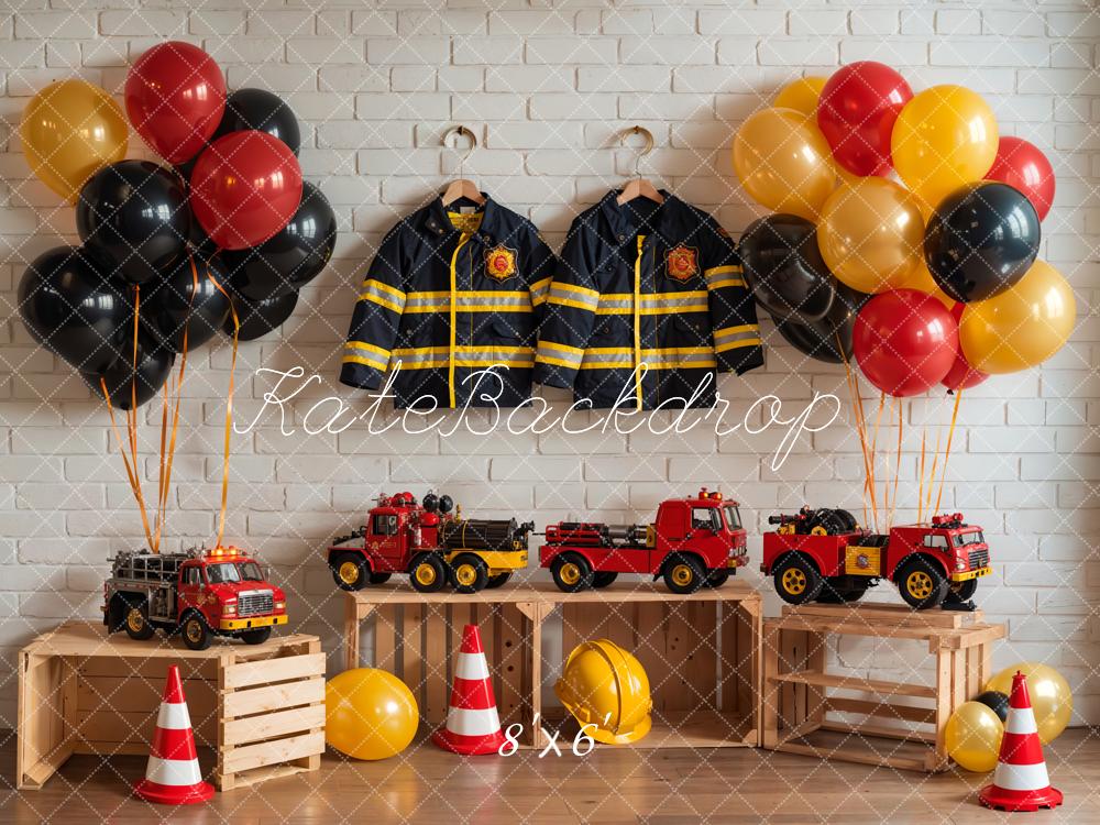 Verjaardagsteam Brandweer Thema Kleurrijke Ballon Speelgoed Auto en Uniform Wit Bakstenen Muur Foto Achtergrond Ontworpen door GQ
