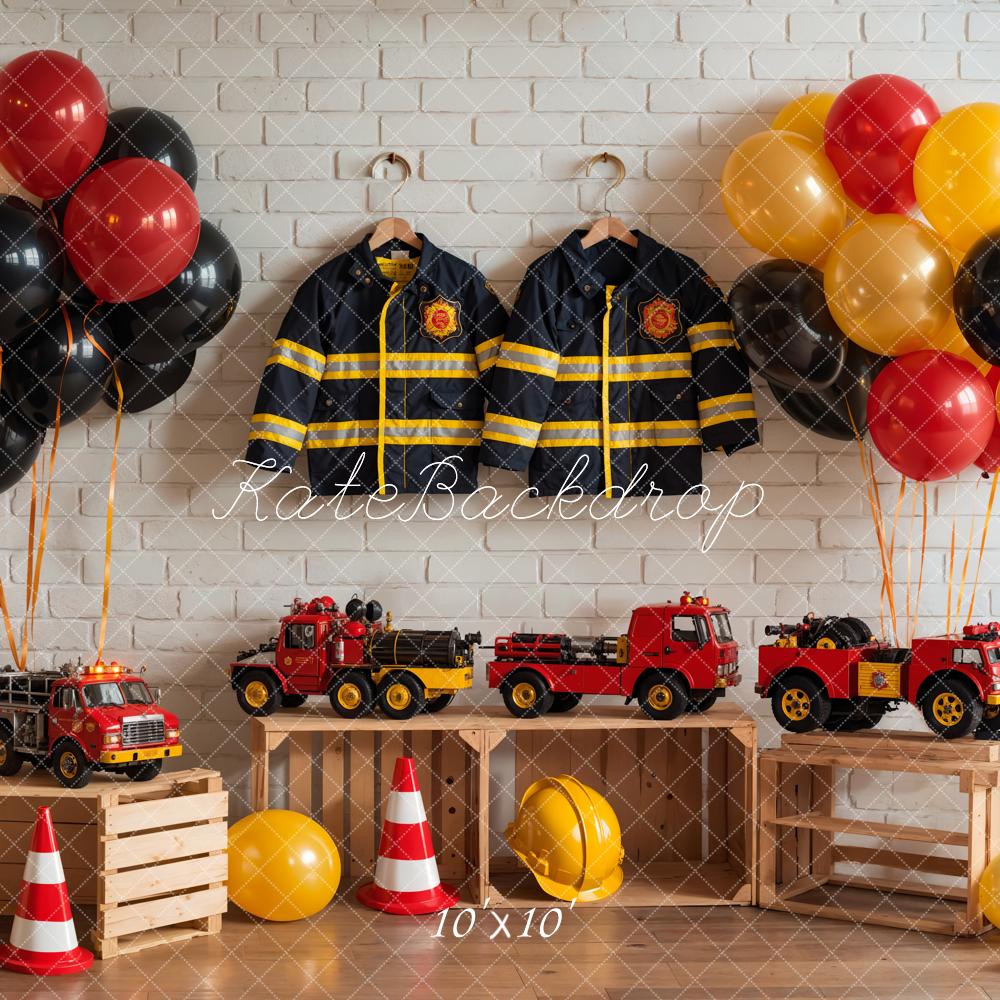Verjaardagsteam Brandweer Thema Kleurrijke Ballon Speelgoed Auto en Uniform Wit Bakstenen Muur Foto Achtergrond Ontworpen door GQ