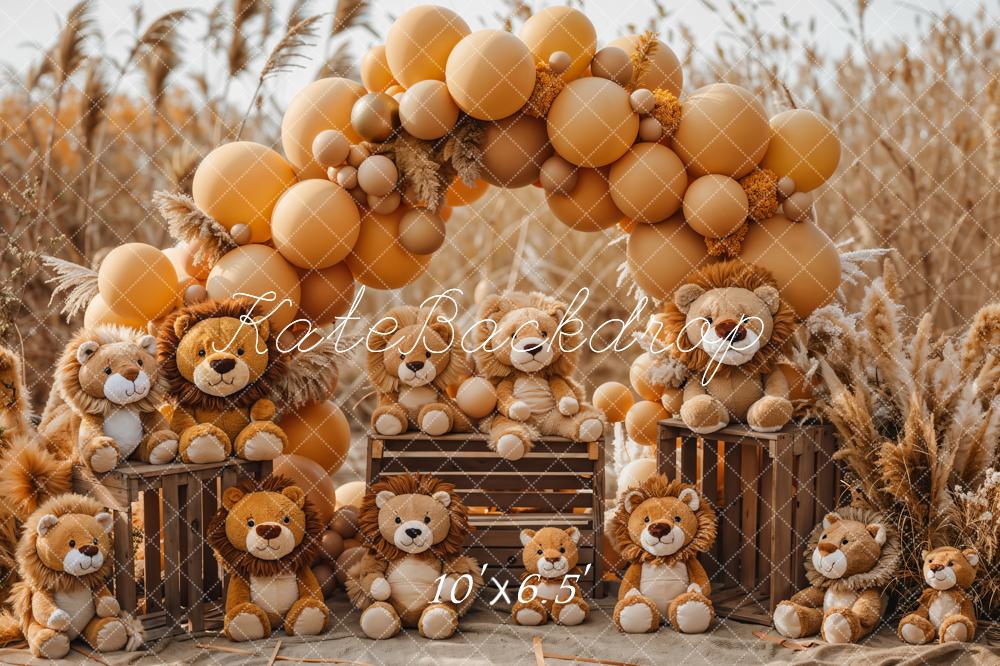 Boho Reed Lion Brown en Gold Balloon Arch Foto Achtergrond Ontworpen door GQ