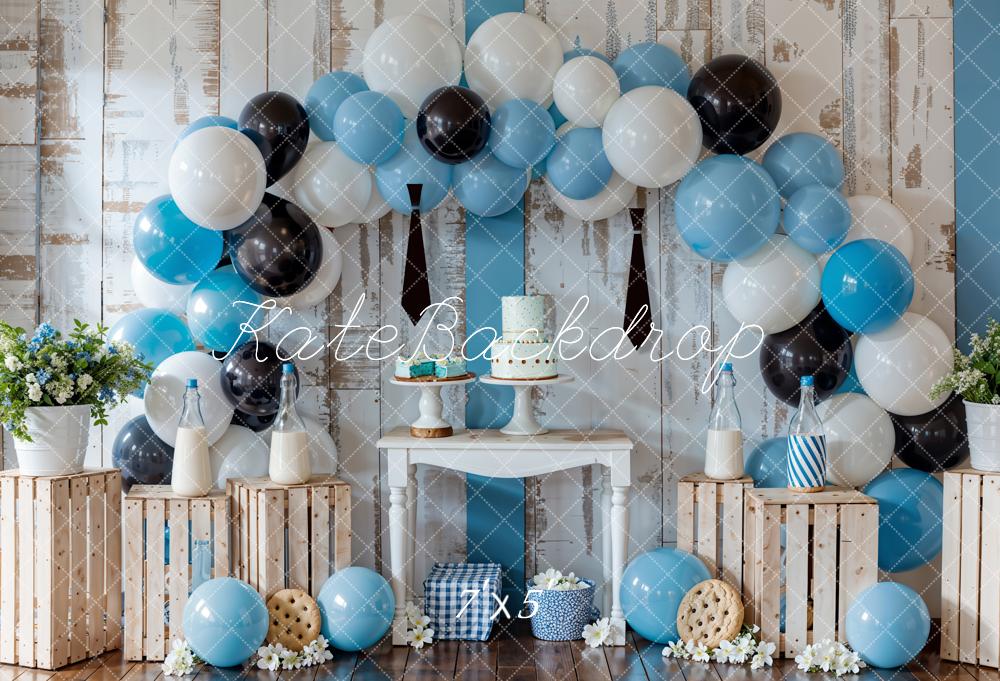 Kate Birthday Black Tie Milk Bottle Cake Smash Cookie Colorful Balloon Arch Wooden Wall Backdrop Designed by GQ