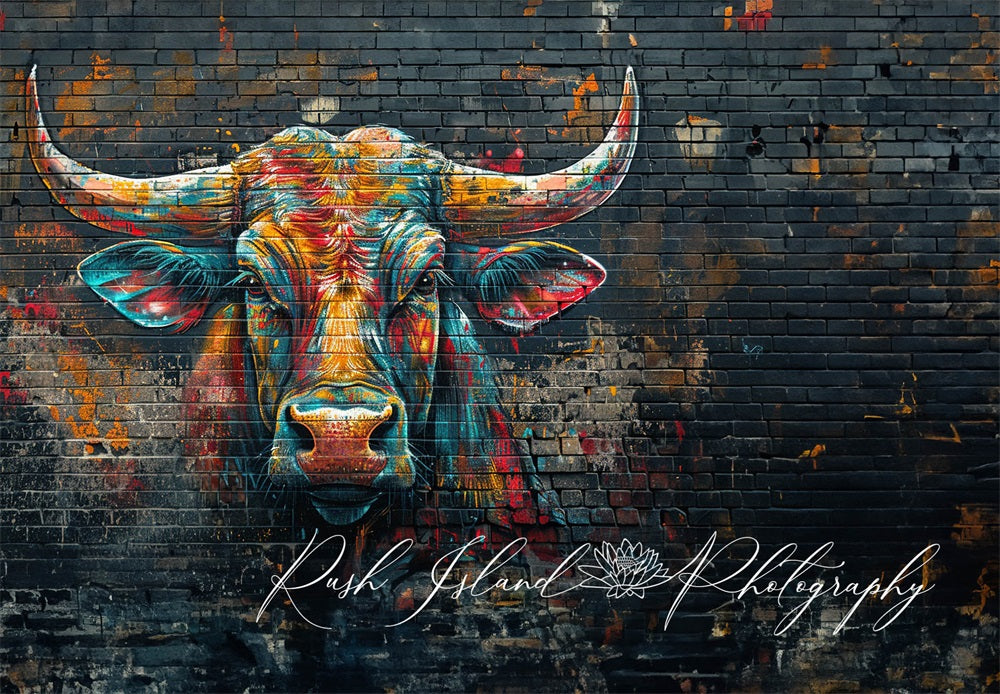Kate Vivid Colorful Graffiti Bull Black Brick Wall Backdrop Designed by Laura Bybee