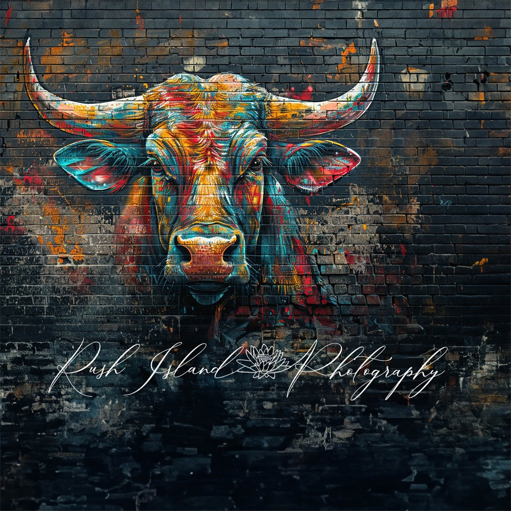 Kate Vivid Colorful Graffiti Bull Black Brick Wall Backdrop Designed by Laura Bybee