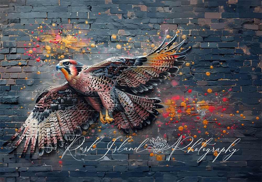 Vivid and Colorful Flying Falcon Graffiti Black Broken Brick Wall Backdrop Designed by Laura Bybee
