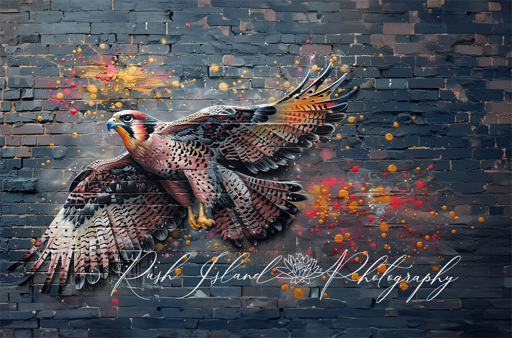 Vivid and Colorful Flying Falcon Graffiti Black Broken Brick Wall Backdrop Designed by Laura Bybee