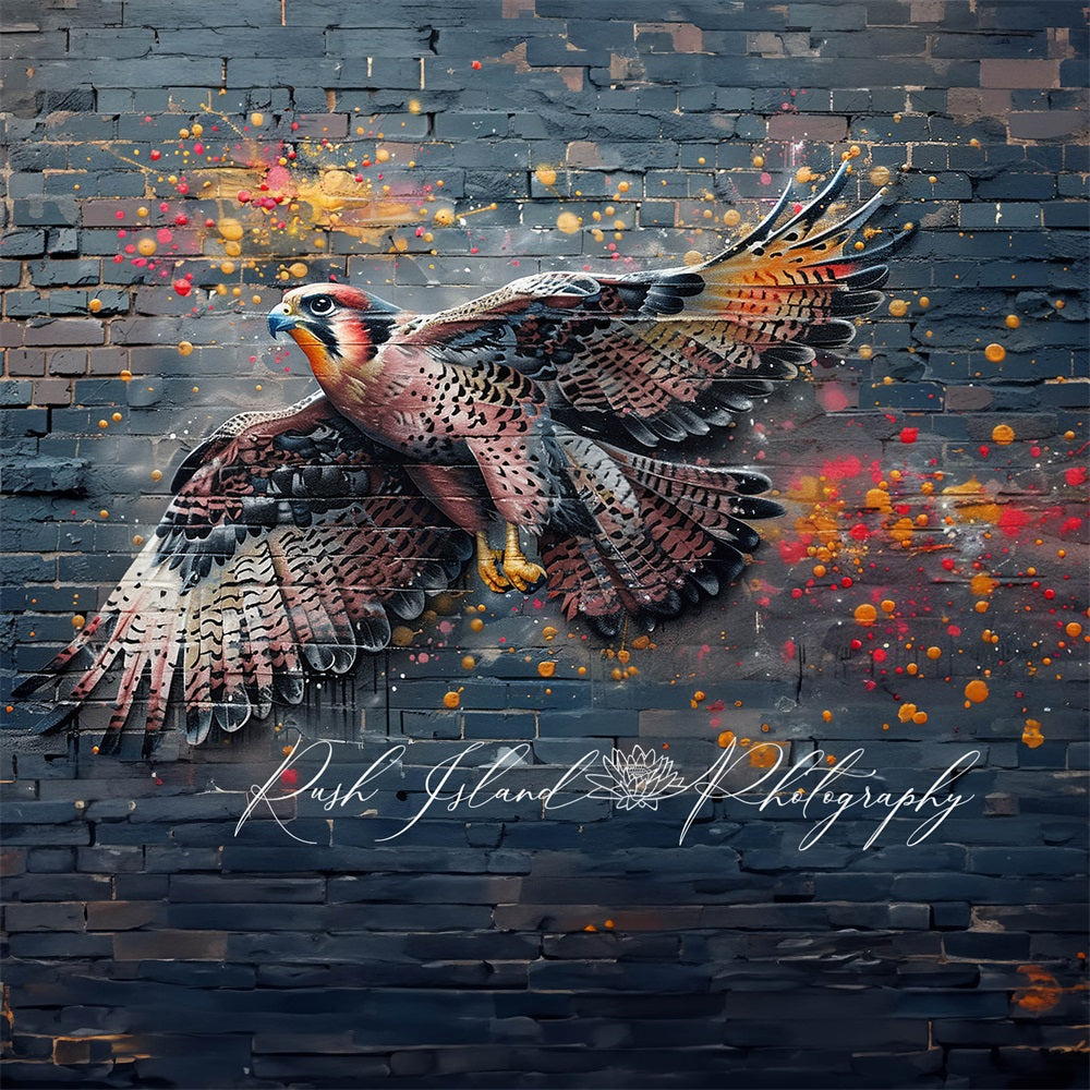 Vivid and Colorful Flying Falcon Graffiti Black Broken Brick Wall Backdrop Designed by Laura Bybee