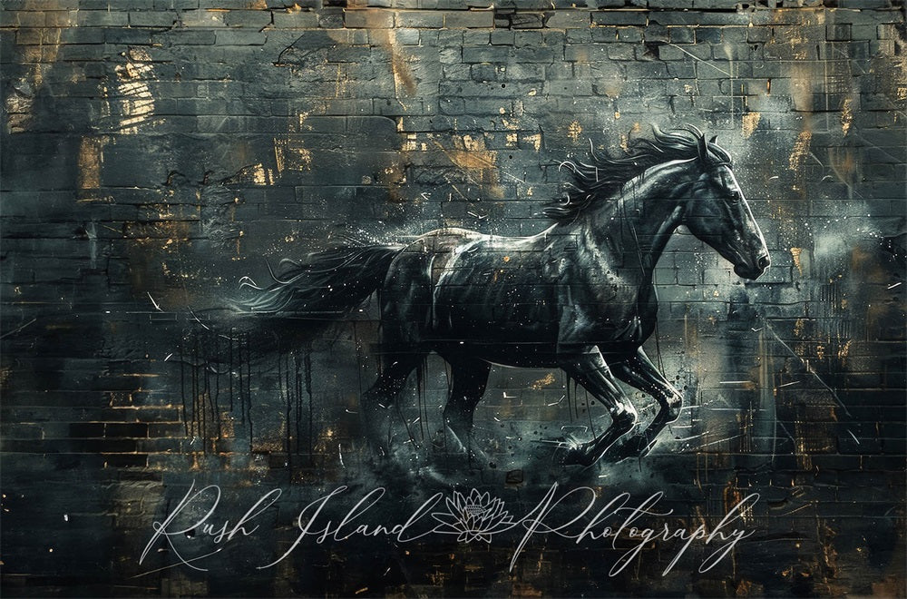 Kate Black Cool Running Horse Graffiti Retro Brick Wall Backdrop Designed by Laura Bybee