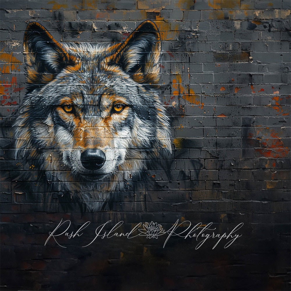 Kate Fine Art Cool Grey Wolf Graffiti Black and Brown Brick Wall Backdrop Designed by Laura Bybee