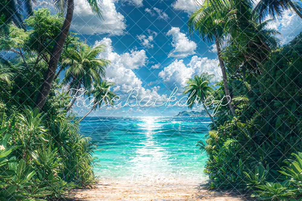 Fondo de playa arenosa, plantas verdes, océano azul y sol radiante diseñado por Emetselch