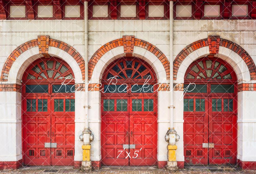 Kate Vintage Red White Wood Brick Arched Door and Window Fire Station Backdrop Designed by Emetselch