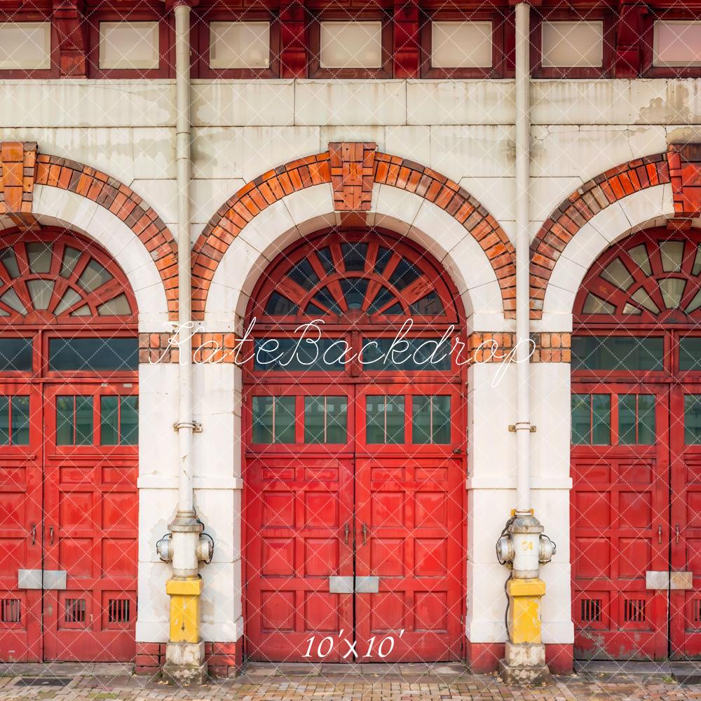 Kate Vintage Red White Wood Brick Arched Door and Window Fire Station Backdrop Designed by Emetselch