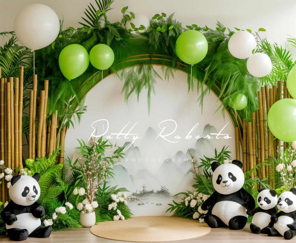 Kate Colorful Flower and Balloon Green Bamboo Arch Cute Panda Backdrop Designed by Patty Robert