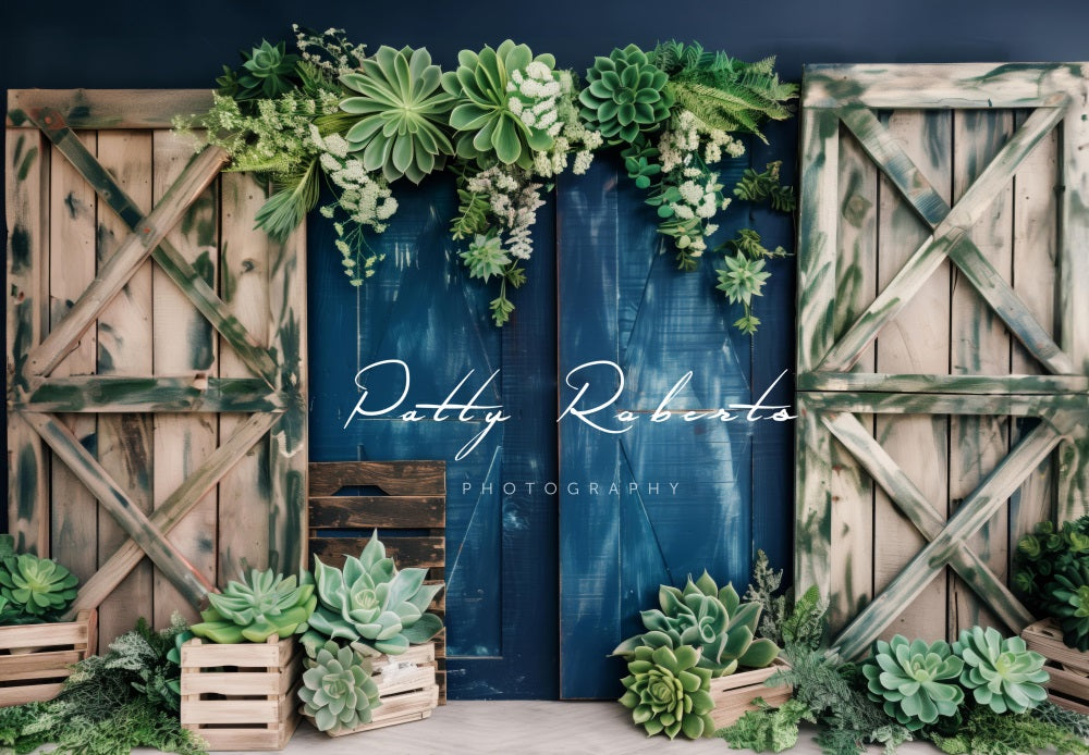 Kate Summer Green Plant White Flower Brown Wall Dark Blue Wooden Door Backdrop Designed by Patty Robert