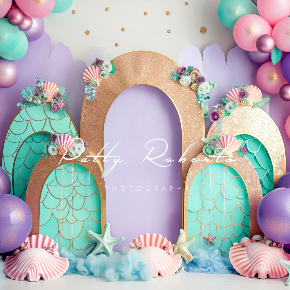 Verjaardag Zeemeermin Kleurrijke Ballonnenboog Cake Smash Foto Achtergrond Ontworpen door Patty Robert.
