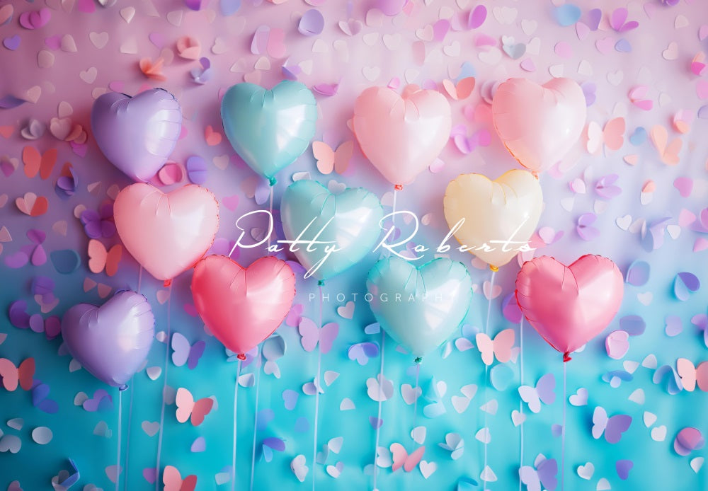 Kate Sweet Colorful Heart Balloon and Butterfly Pink Blue Gradient Wall Backdrop Designed by Patty Robert