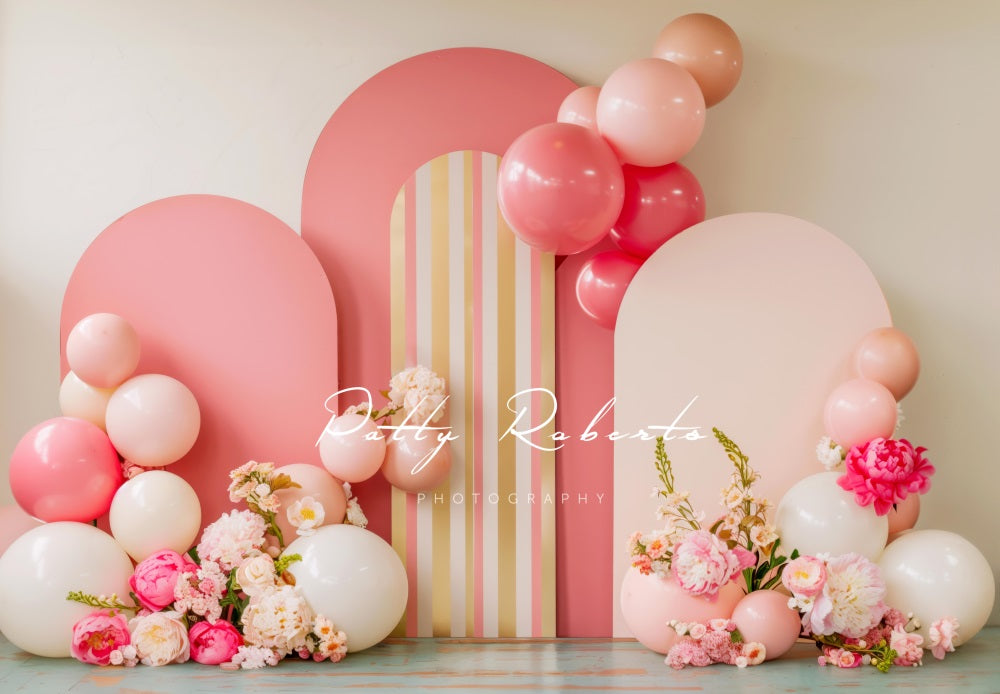 Kate Fine Art Colorful Flower Pink Balloon Arch Beige Wall Backdrop Designed by Patty Robert
