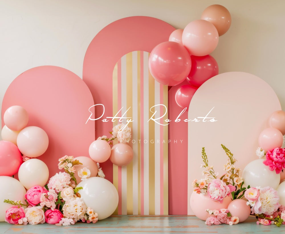 Kate Fine Art Colorful Flower Pink Balloon Arch Beige Wall Backdrop Designed by Patty Robert