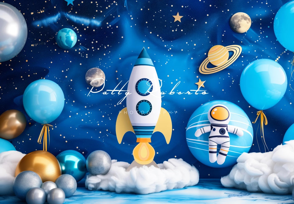 Astronauta Azul Universo Espacio Planeta Cohete Globo Fondo diseñado por Patty Robert