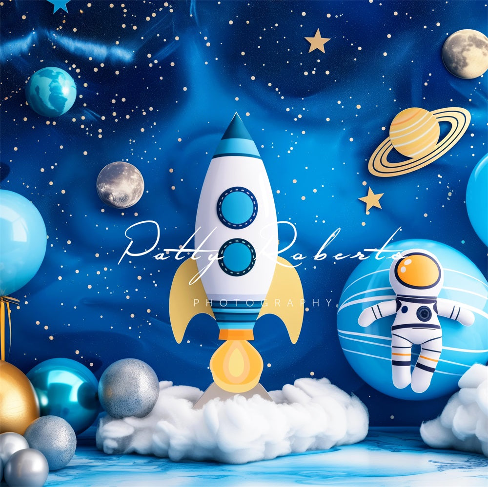 Astronauta Azul Universo Espacio Planeta Cohete Globo Fondo diseñado por Patty Robert