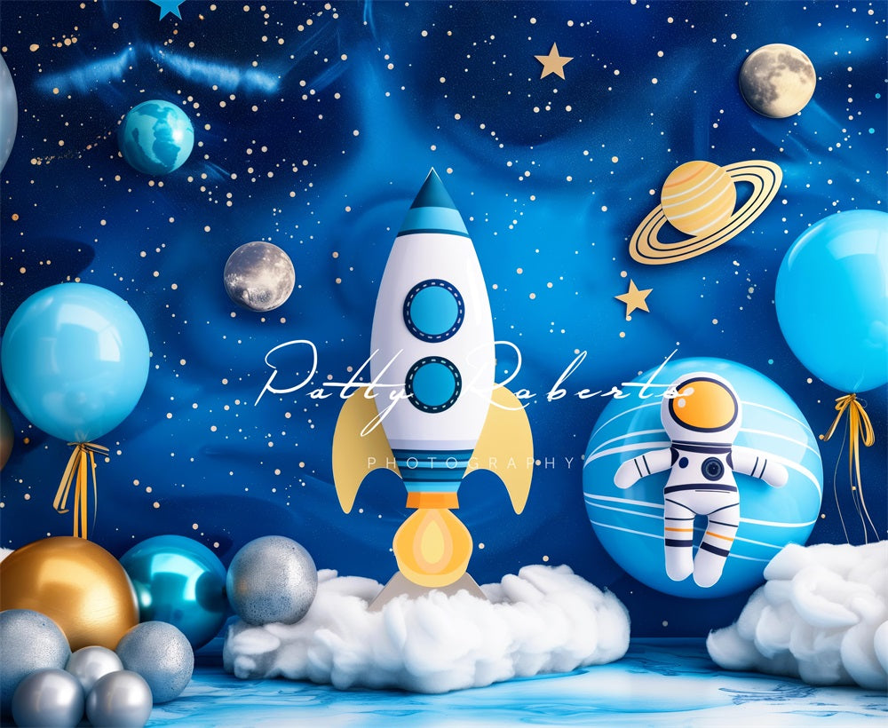 Astronauta Azul Universo Espacio Planeta Cohete Globo Fondo diseñado por Patty Robert