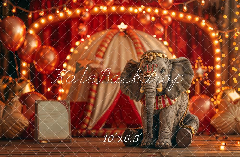 Arco de globos rojos bokeh para el cumpleaños de circo del elefante con pastel smash diseñado por Emetselch