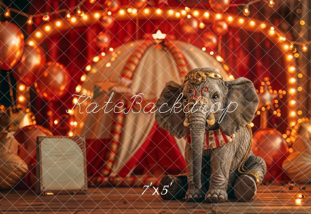 Arco de globos rojos bokeh para el cumpleaños de circo del elefante con pastel smash diseñado por Emetselch