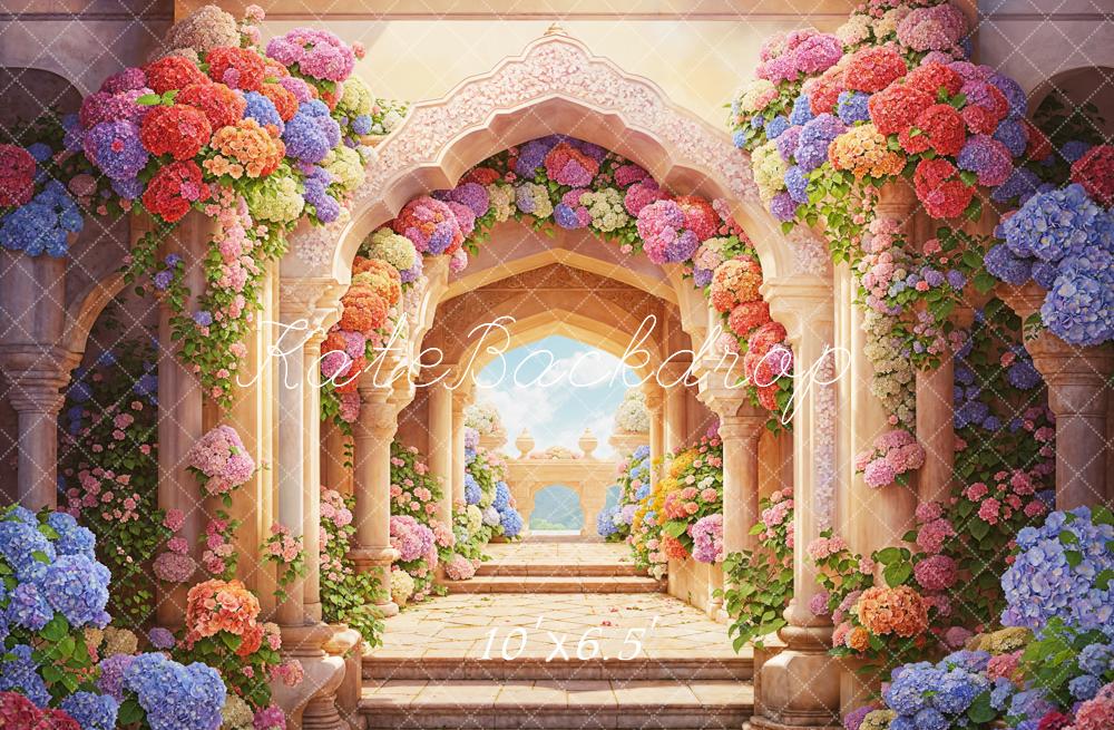 Kate Summer Fine Art Colorful Flower Retro Beige Arch Palace Balcony Backdrop Designed by Emetselch