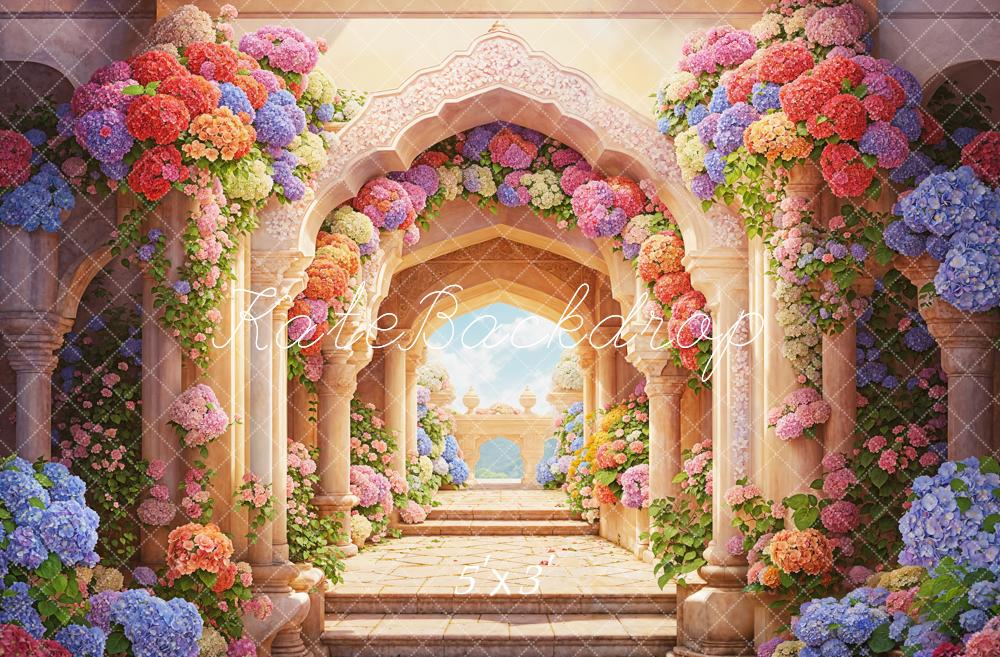Kate Summer Fine Art Colorful Flower Retro Beige Arch Palace Balcony Backdrop Designed by Emetselch