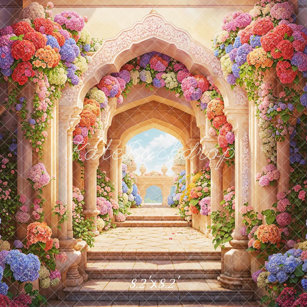Kate Summer Fine Art Colorful Flower Retro Beige Arch Palace Balcony Backdrop Designed by Emetselch