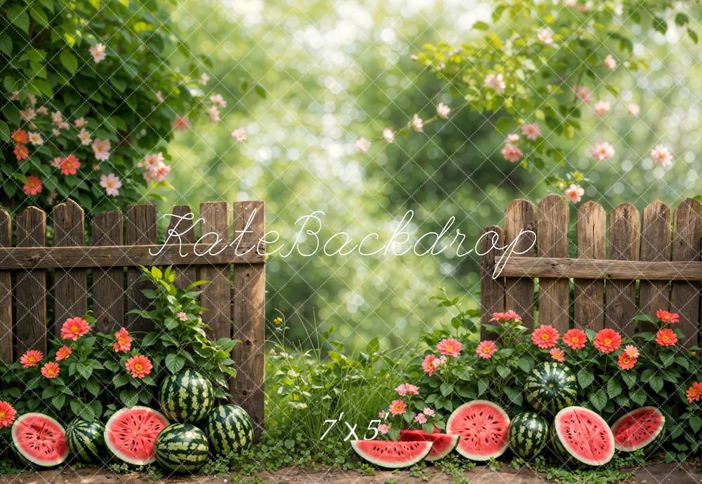 Kate Summer Bokeh Green Plant Colorful Flower Watermelon Brown Fence Printed Backdrop Designed by Emetselch