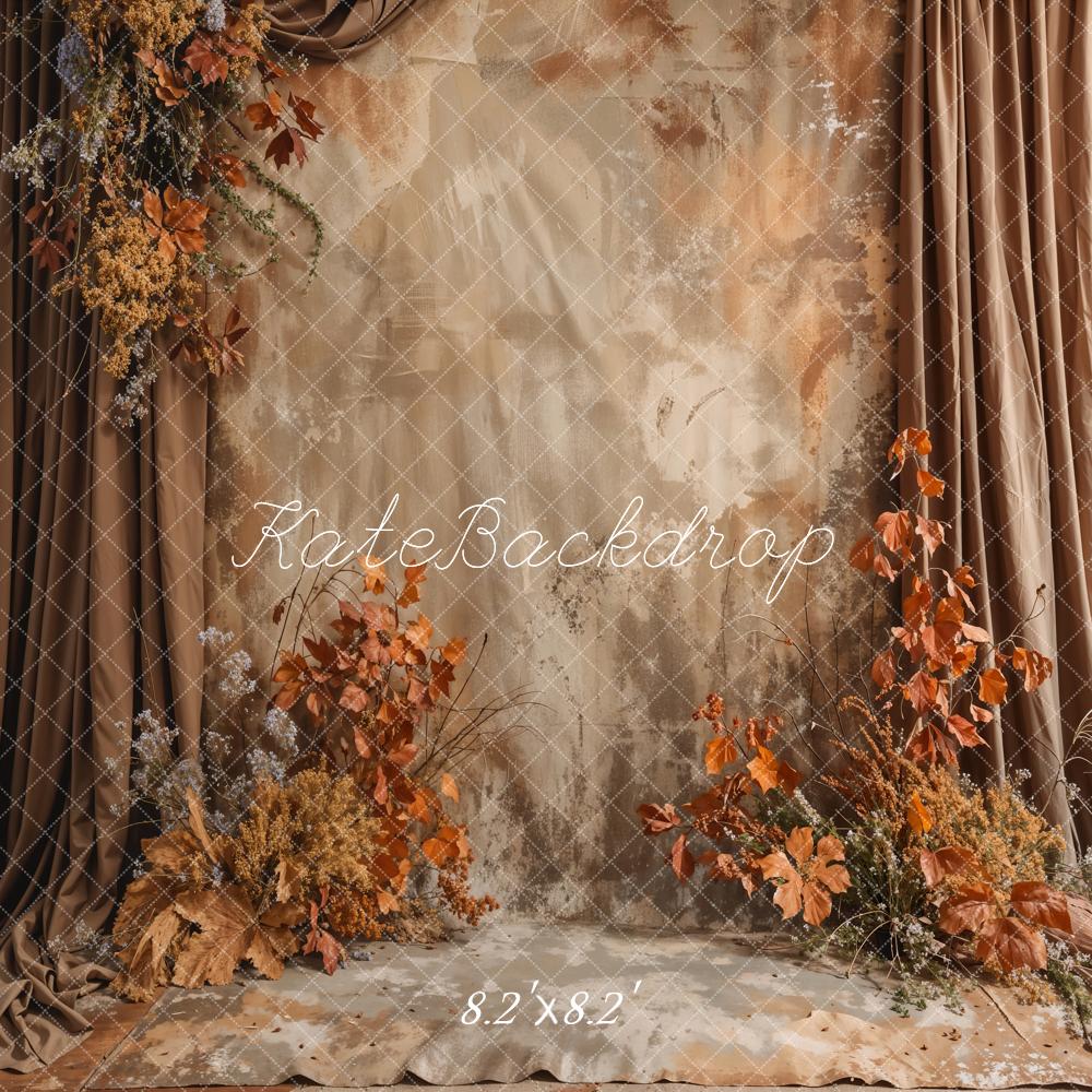 Kate Vintage Boho Brown Floral Curtain Grey Broken Brick Wall Backdrop Designed by Emetselch