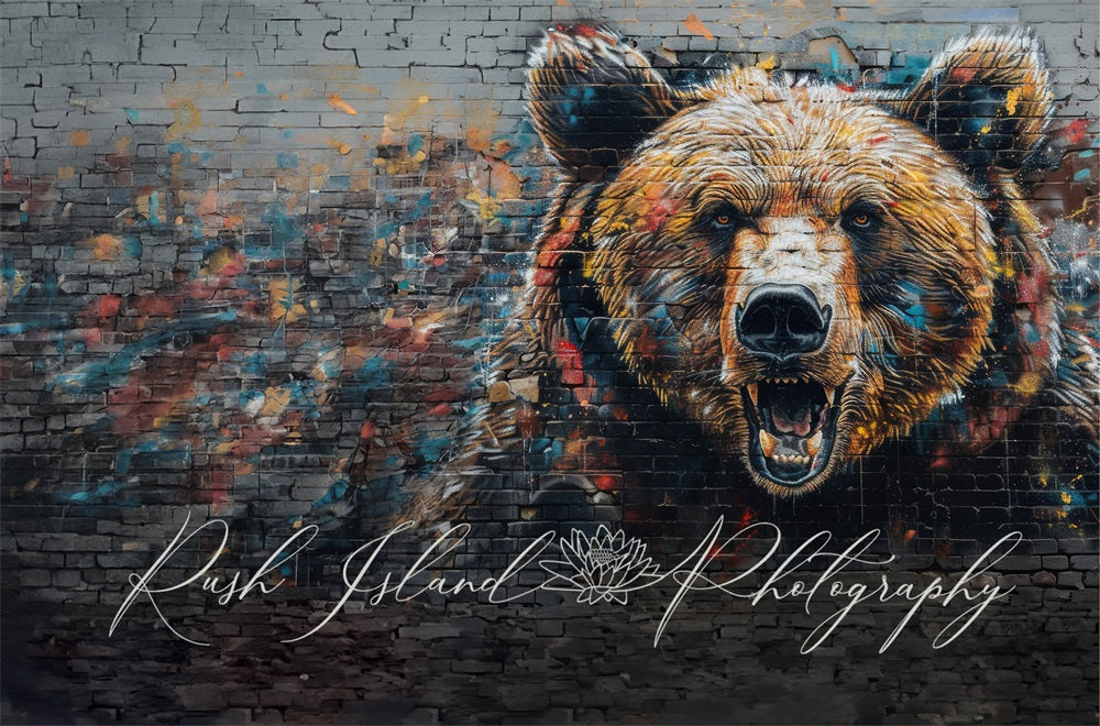 Kate Retro Colorful Graffiti Bear Black Broken brick Wall Backdrop Designed by Laura Bybee