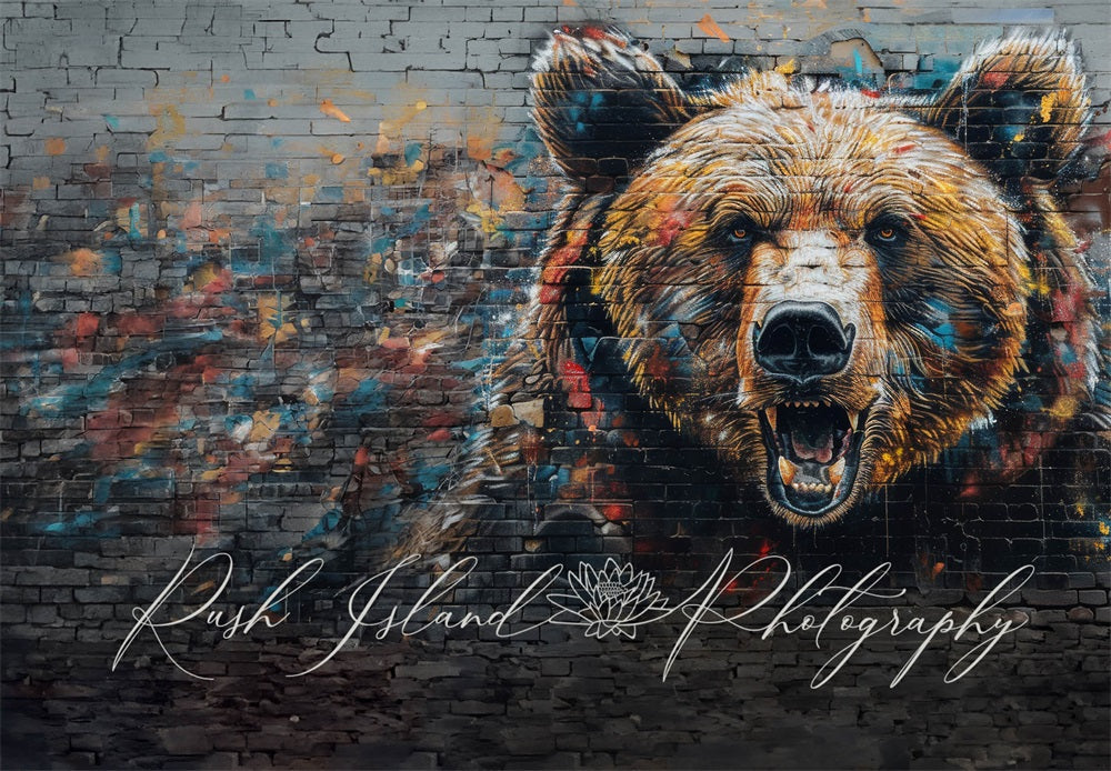 Kate Retro Colorful Graffiti Bear Black Broken brick Wall Backdrop Designed by Laura Bybee