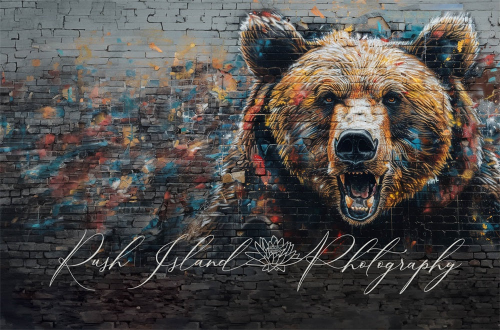 Kate Retro Colorful Graffiti Bear Black Broken brick Wall Backdrop Designed by Laura Bybee