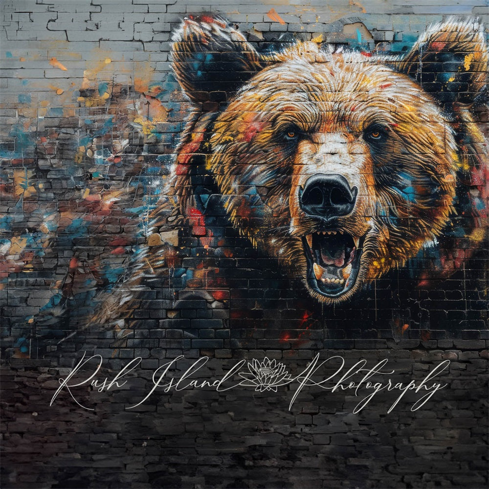 Kate Retro Colorful Graffiti Bear Black Broken brick Wall Backdrop Designed by Laura Bybee