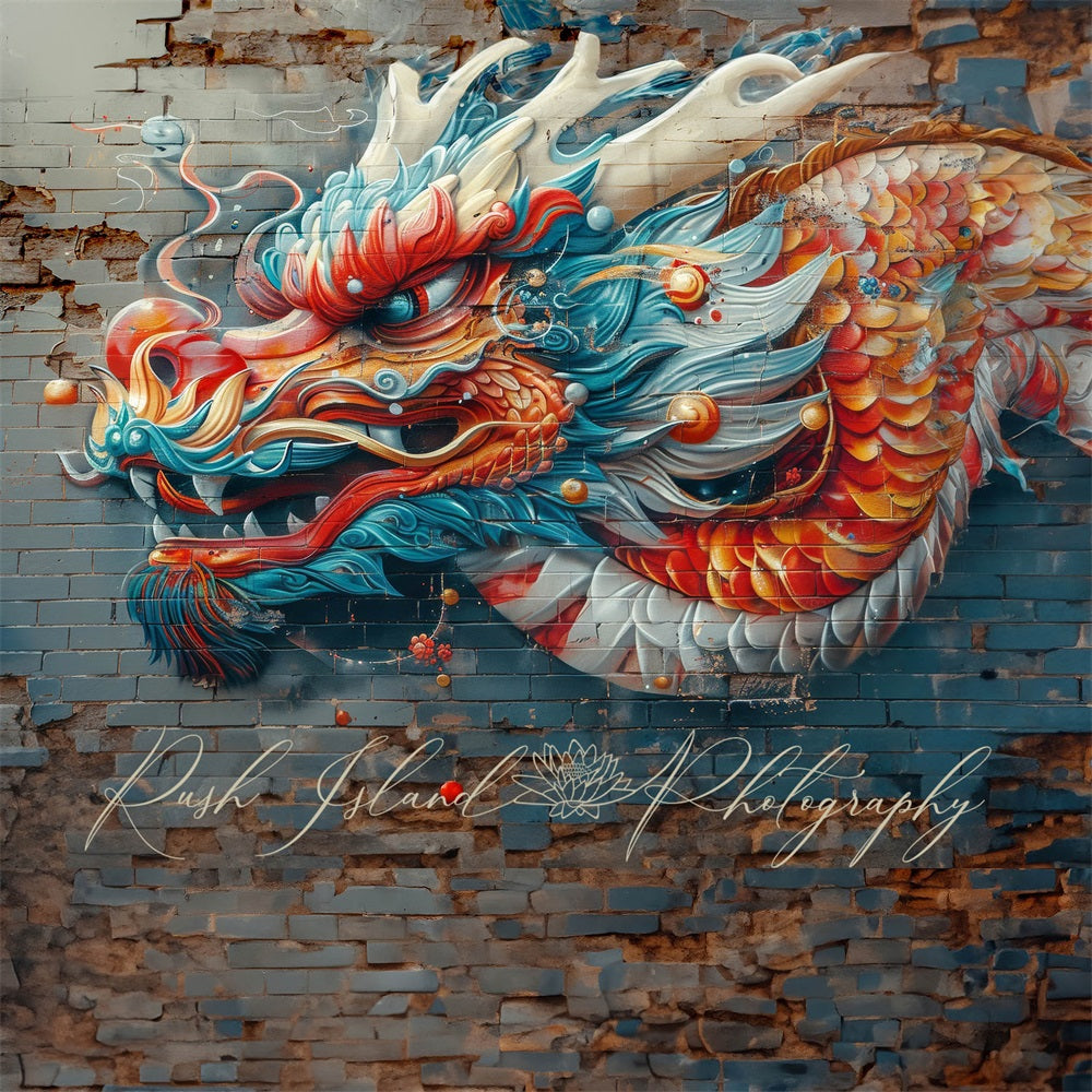 Kate Vivid Colorful Fierce Graffiti Dragon Gray Broken Brick Wall Backdrop Designed by Laura Bybee